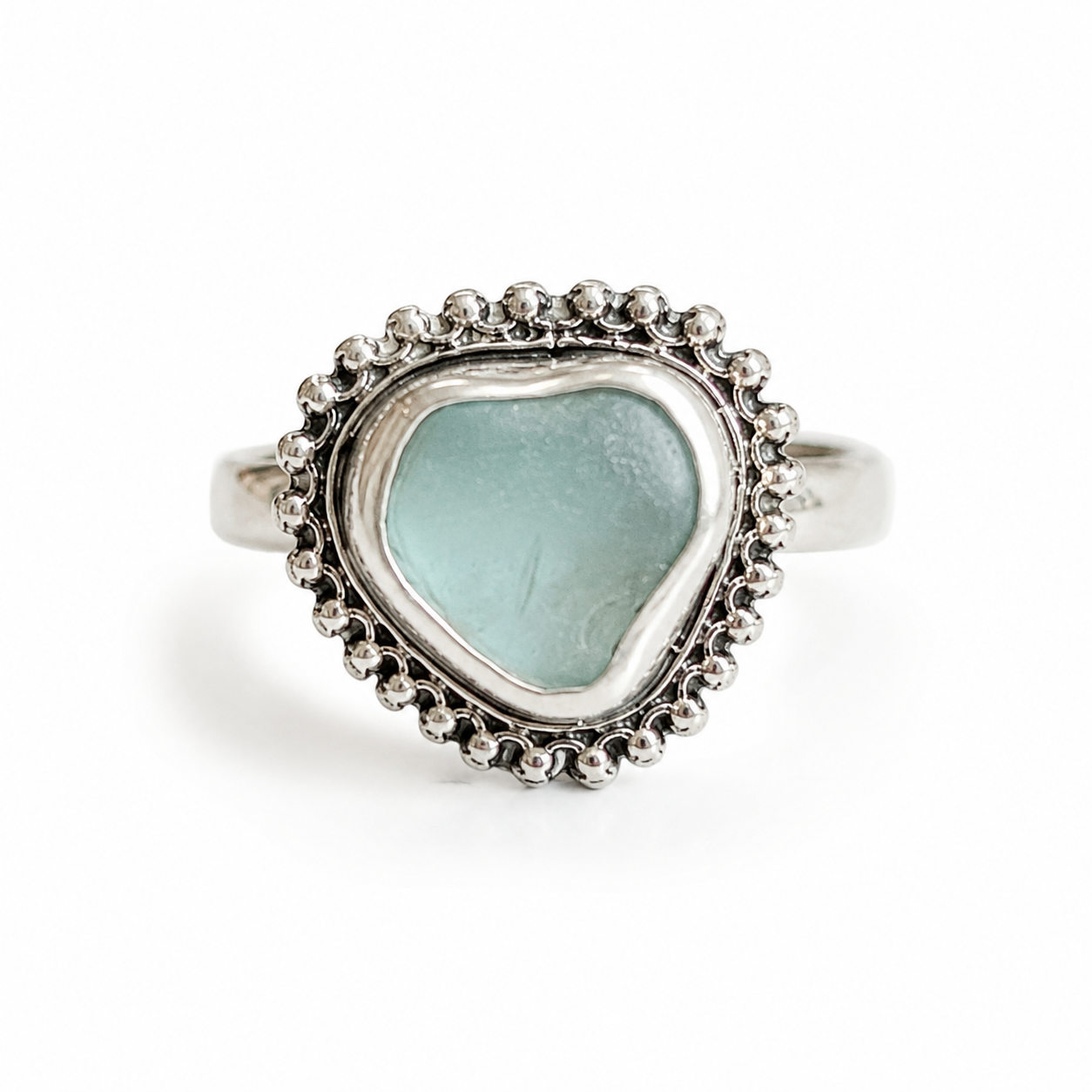 Soft Aqua Sea Glass Ring – Handmade Sterling Silver | Size 7.5
