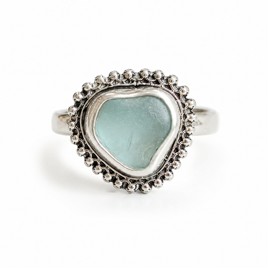 Soft Aqua Sea Glass Ring – Handmade Sterling Silver | Size 7.5