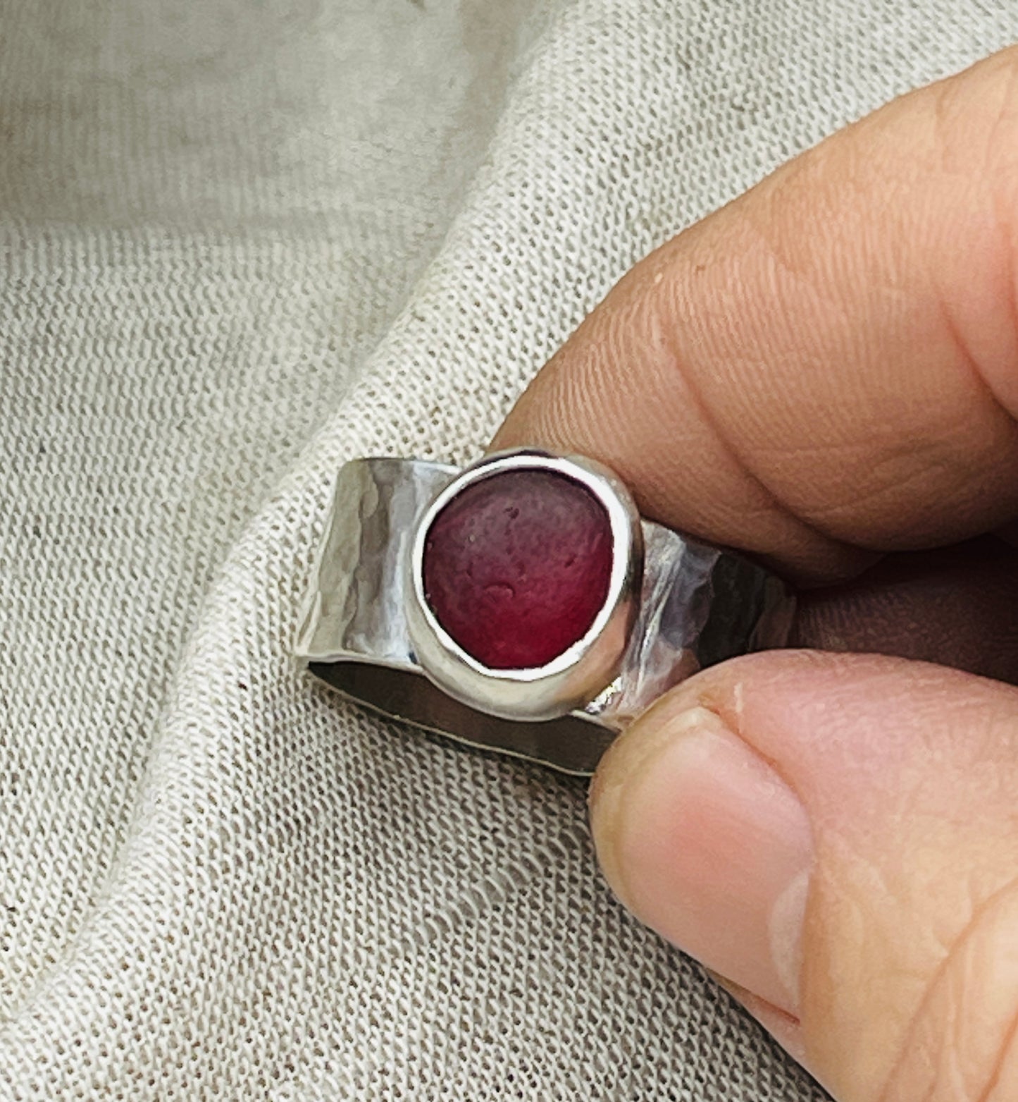 Scarlet Shore: Wide Hammered Sterling Silver & Red Sea Glass Ring – Size 10
