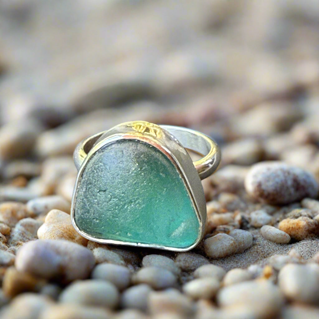 Teal Wave: Chunky Sea Glass Statement Ring – Size 7.5