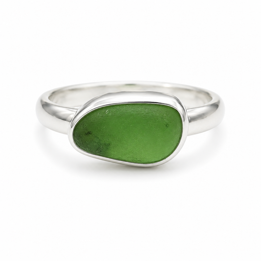 Sterling Silver Lime Green Sea Glass Ring – Size 6