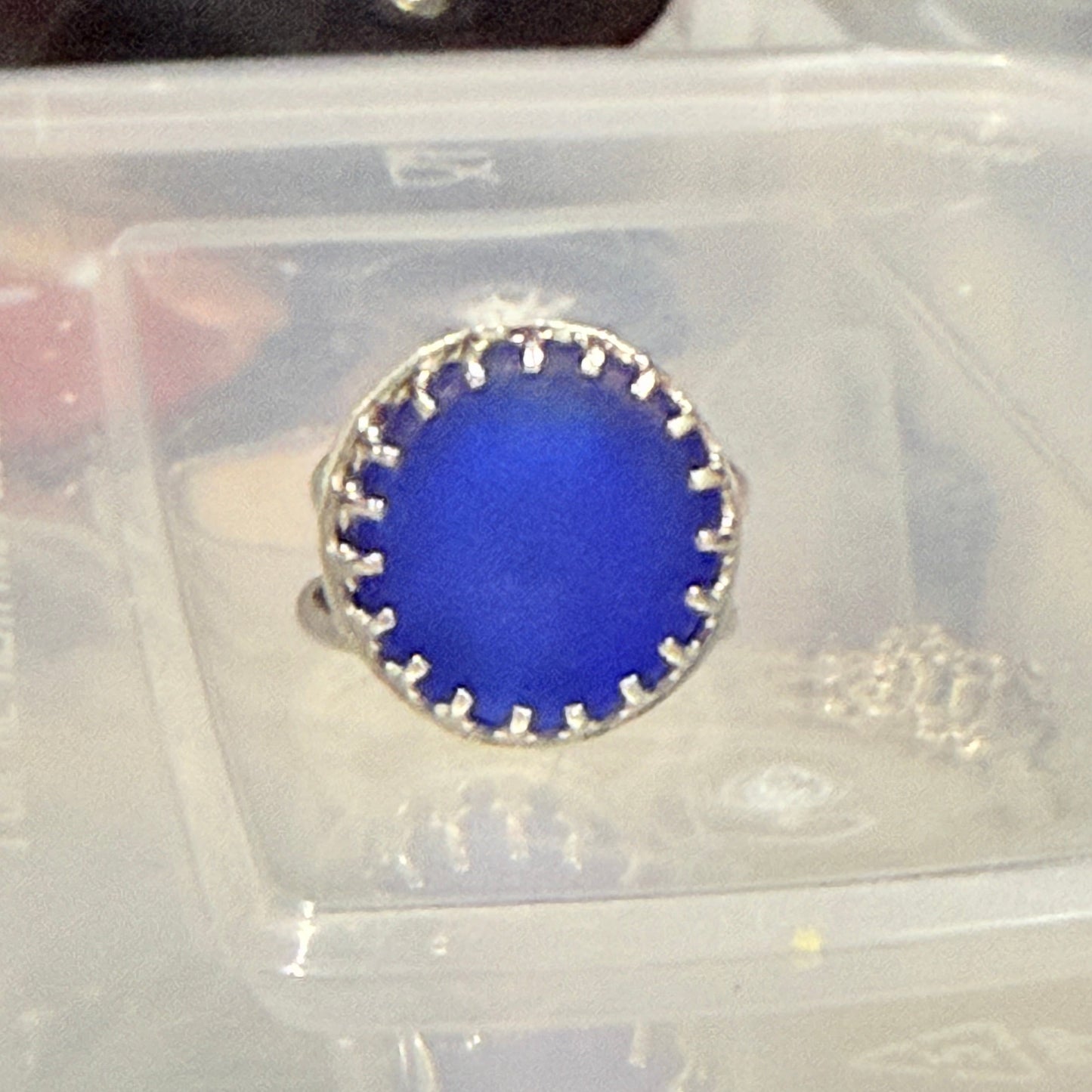 One of a Kind Japanese Marble Cobalt Blue Sterling Silver Ring with Crown bezel setting - Size 7.5