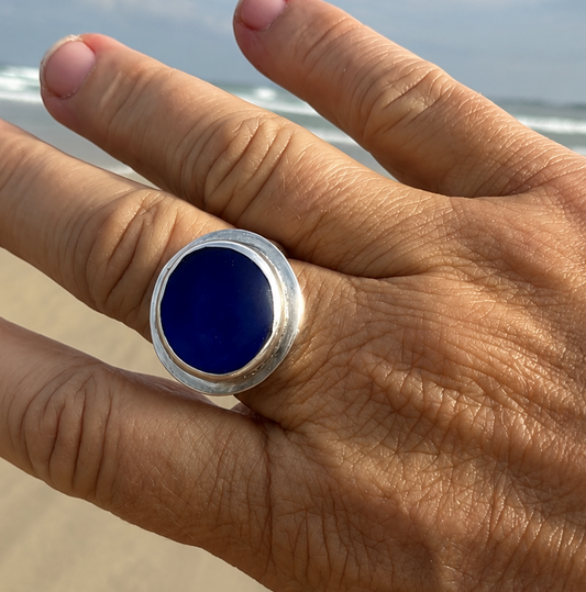 Cobalt Blue Sea Glass Statement Ring | Sterling Silver | Size 8.5