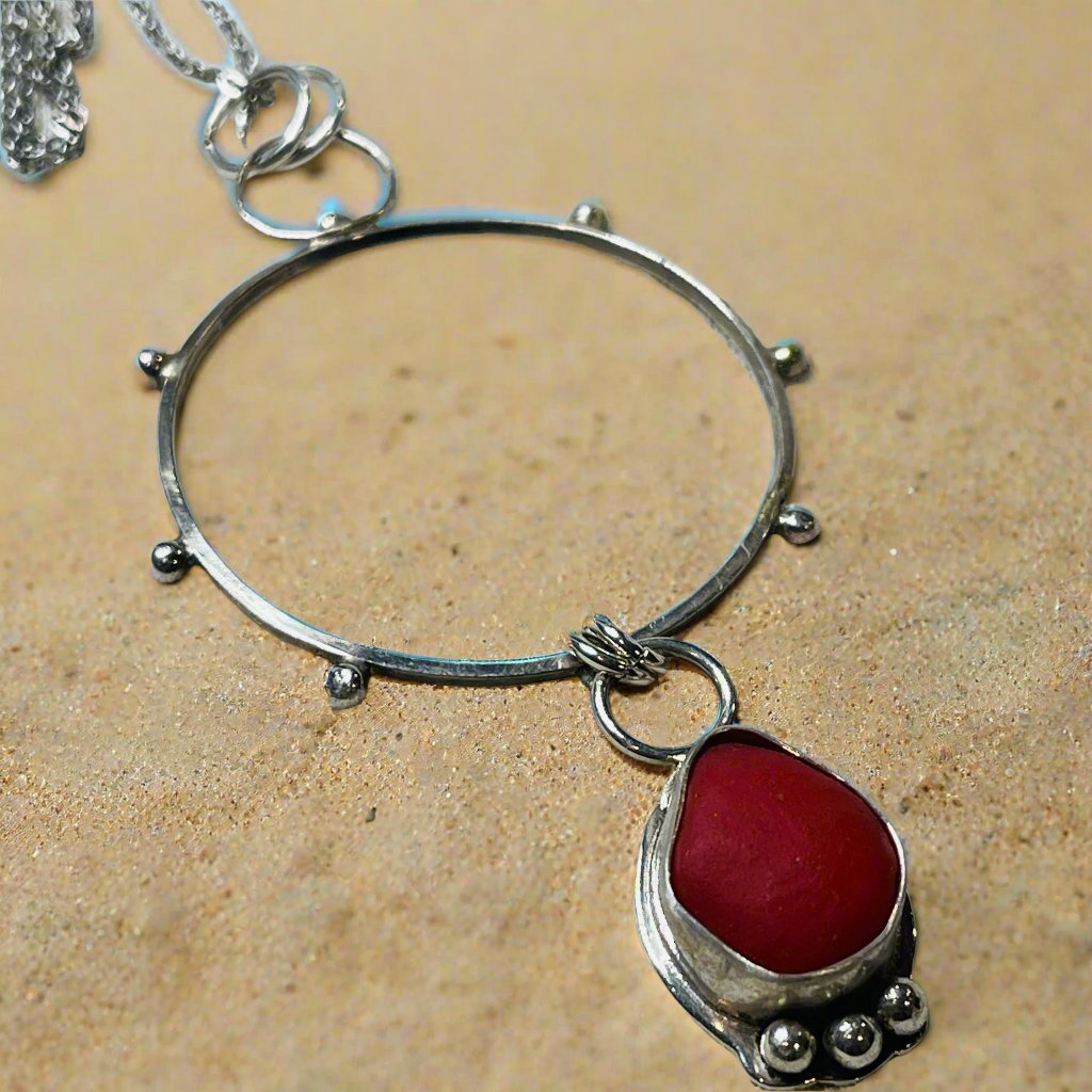 Scarlet Sands: Statement Necklace with Red Sea Glass on 75cm Chain