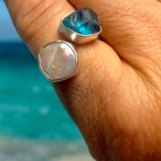 Ocean Glow-  Adjustable Sea Glass & Pearl Ring