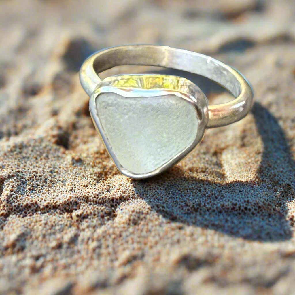 Ocean Heart  - White Seaglass Ring - Size 9