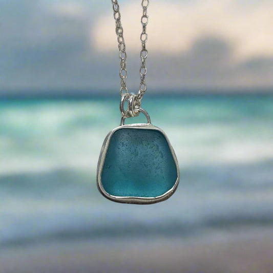 Blue Horizon: Sterling Silver-Wrapped Sea Glass Necklace on Belcher Chain