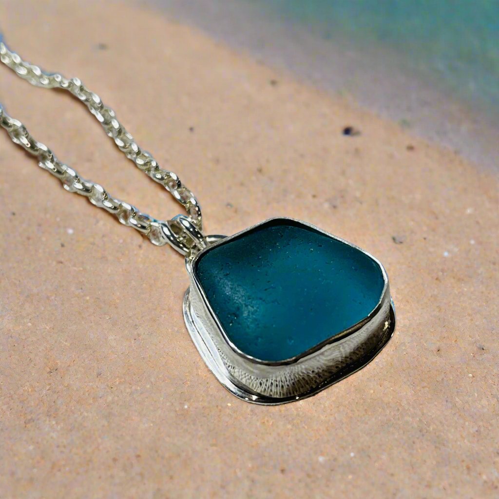 Blue Horizon: Sterling Silver-Wrapped Sea Glass Necklace on Belcher Chain