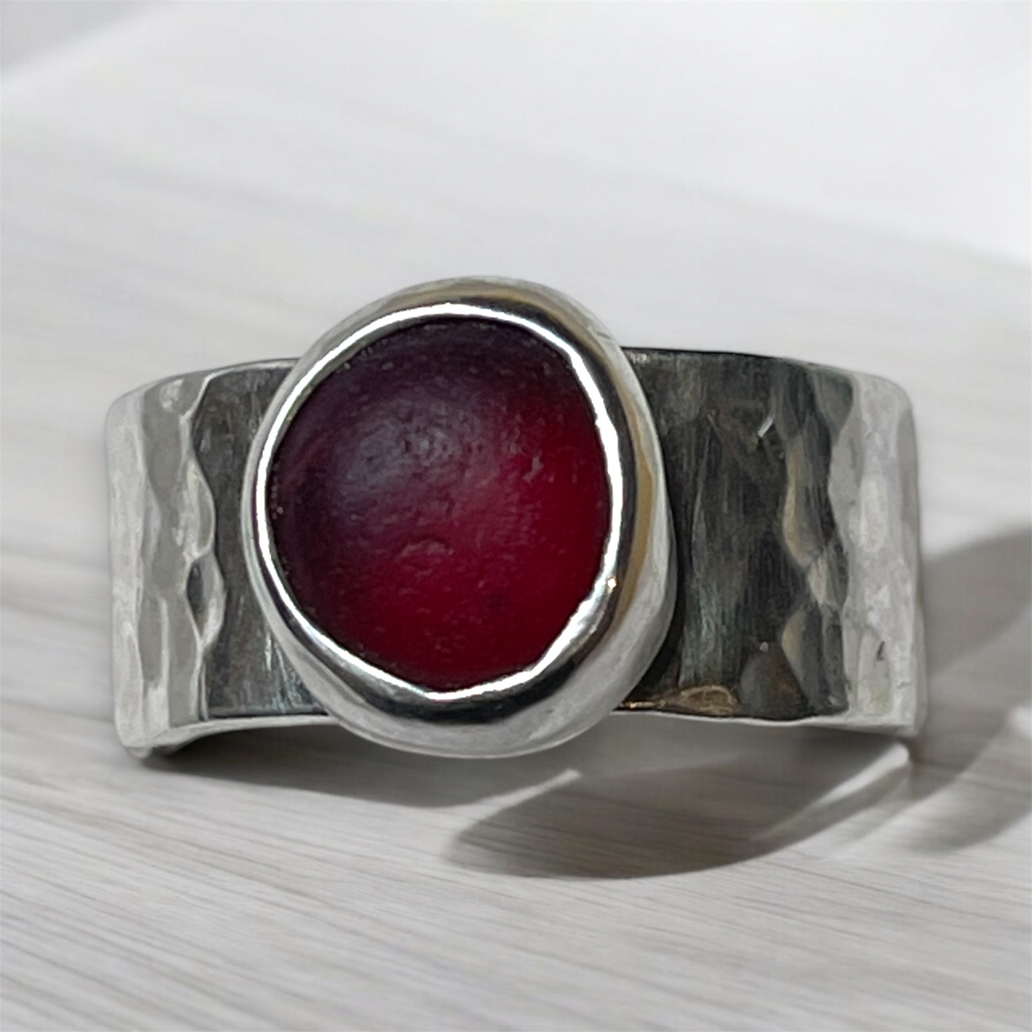 Scarlet Shore: Wide Hammered Sterling Silver & Red Sea Glass Ring – Size 10