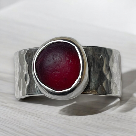 Scarlet Shore: Wide Hammered Sterling Silver & Red Sea Glass Ring – Size 10