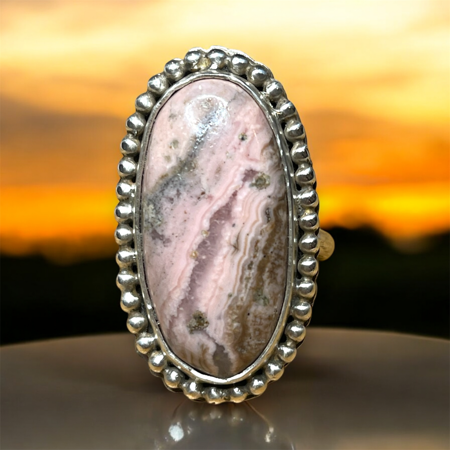 Rose Glow: Classic Rhodochrosite Oval Ring with Beaded Detail – Size 7