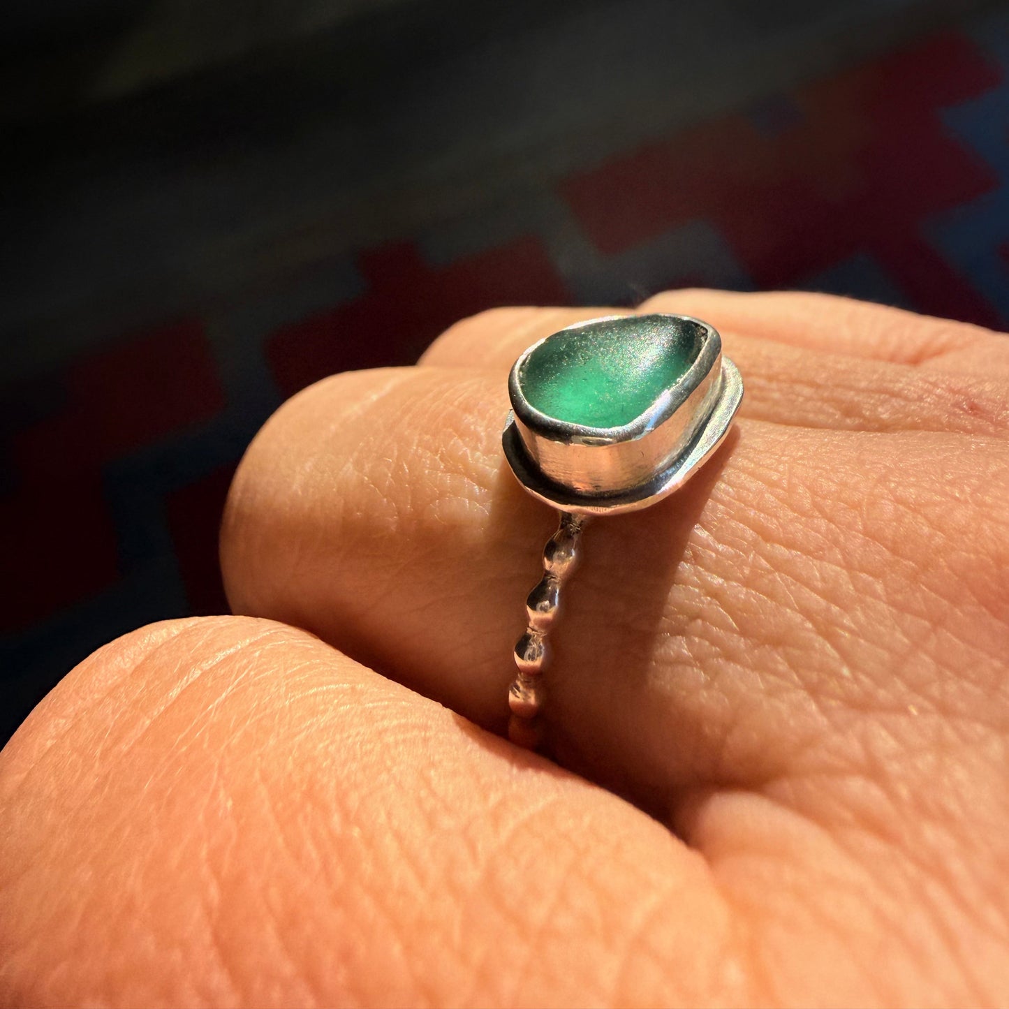 Deep Forest Green Sea Glass Ring – Sterling Silver Beaded Band – Size 7.5