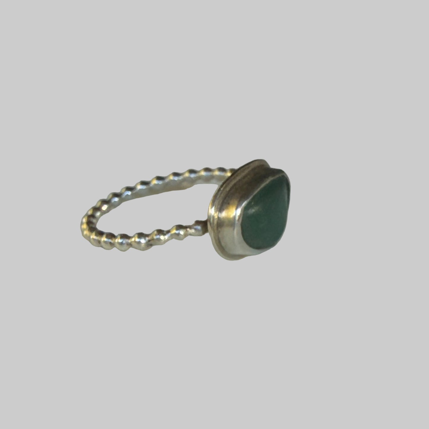 Deep Forest Green Sea Glass Ring – Sterling Silver Beaded Band – Size 7.5