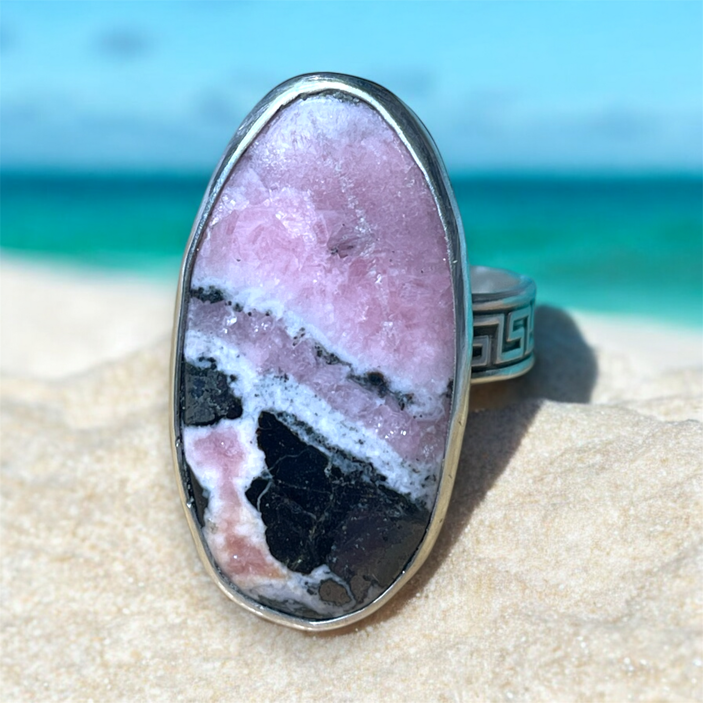 Pink Horizon: Large Oval Rhodochrosite Statement Ring Size 8.5