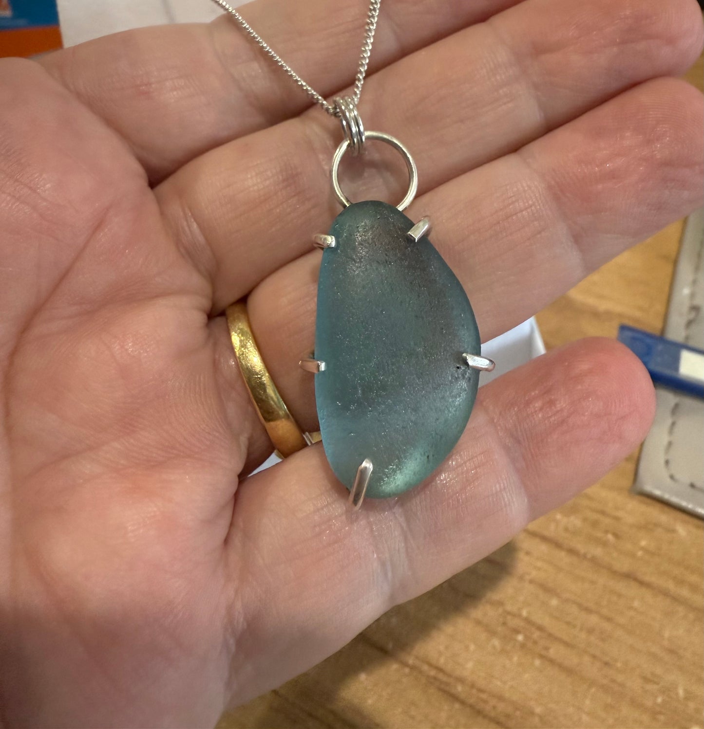 Ocean Sapphire Sea Glass Pendant Necklace