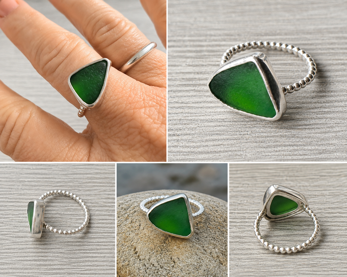 Bottle Green Sea Glass Ring – Sterling Silver Beaded Band | Size 7