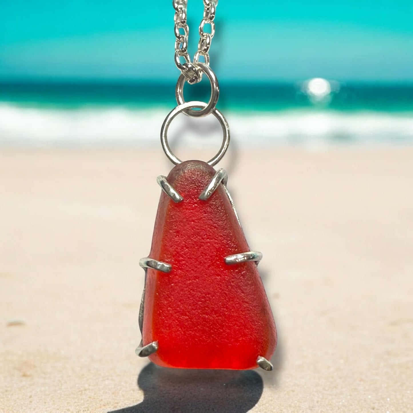 Ruby Shore: Rare Red Sea Glass Pendant Necklace