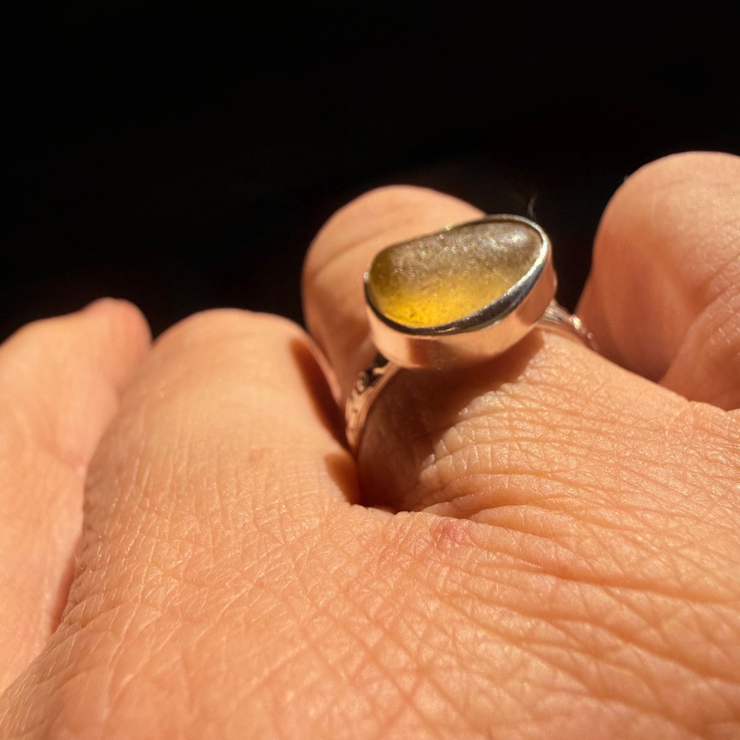 Honey Amber Sea Glass Ring – Sterling Silver Delicate Band – Size 6