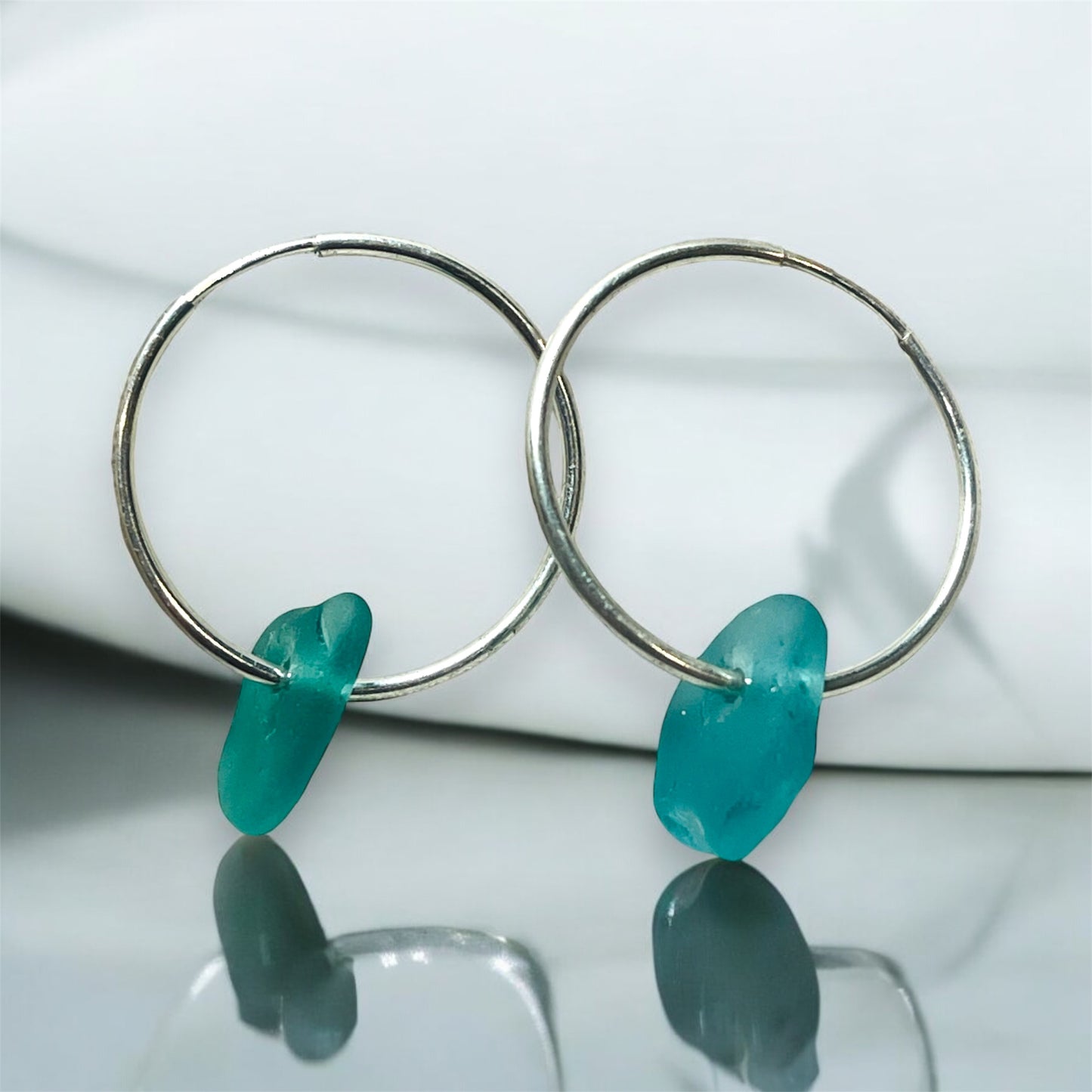 Silver Tide Hoop Earrings : Genuine Sea Glass on Sterling Silver