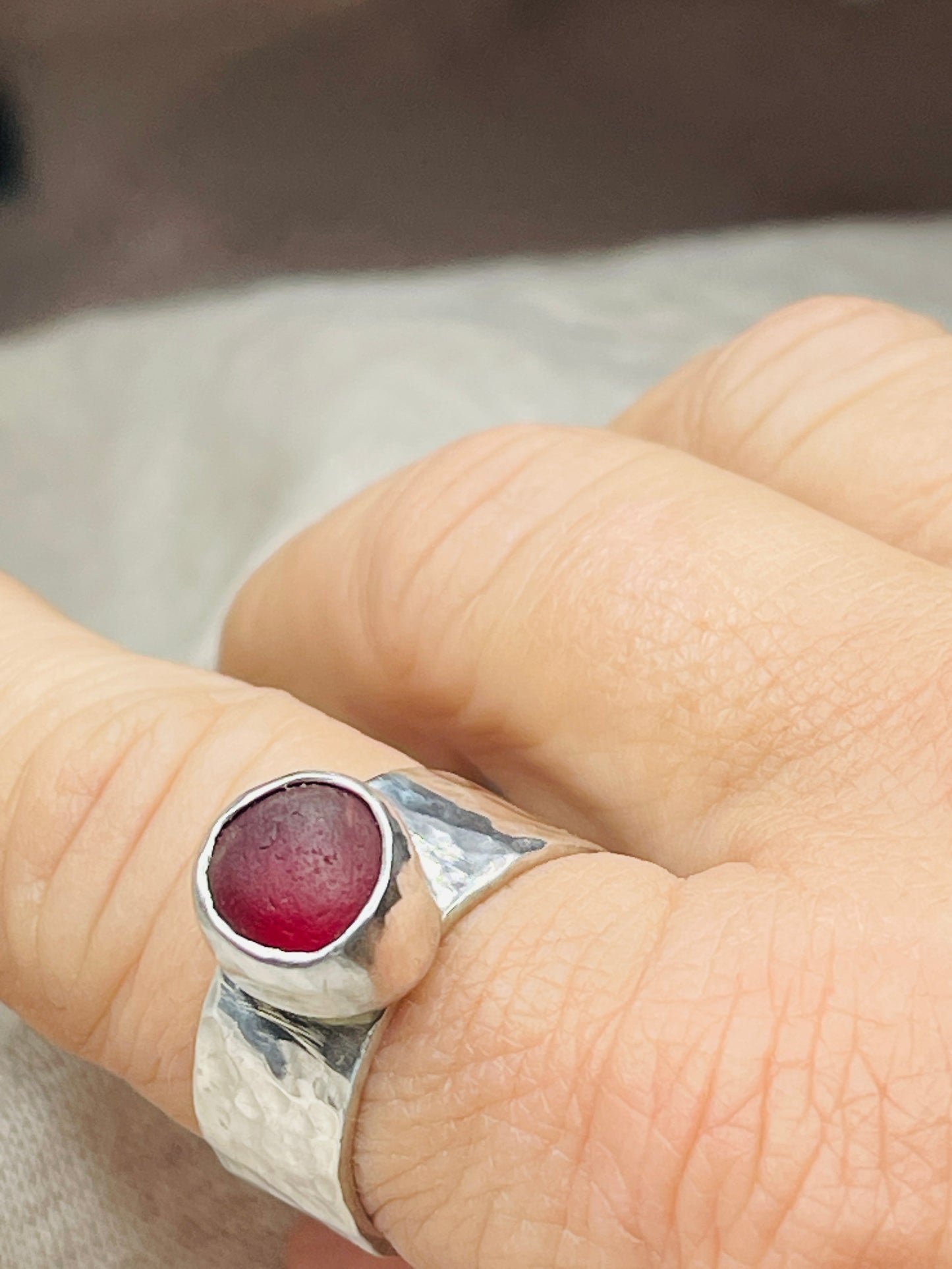 Scarlet Shore: Wide Hammered Sterling Silver & Red Sea Glass Ring – Size 10