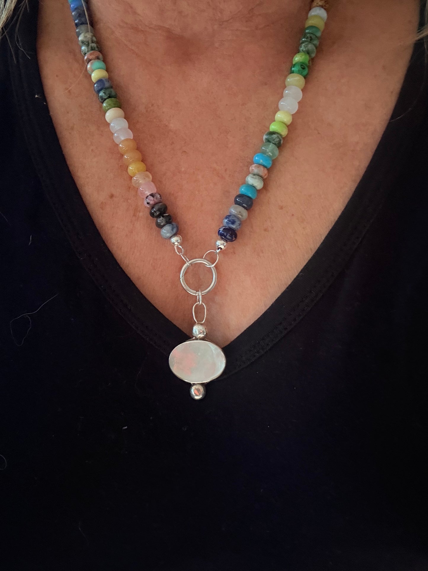 Rainbow Gemstone Bead Necklace with Mother-of-Pearl Pendant | Sterling Silver | 50 cm