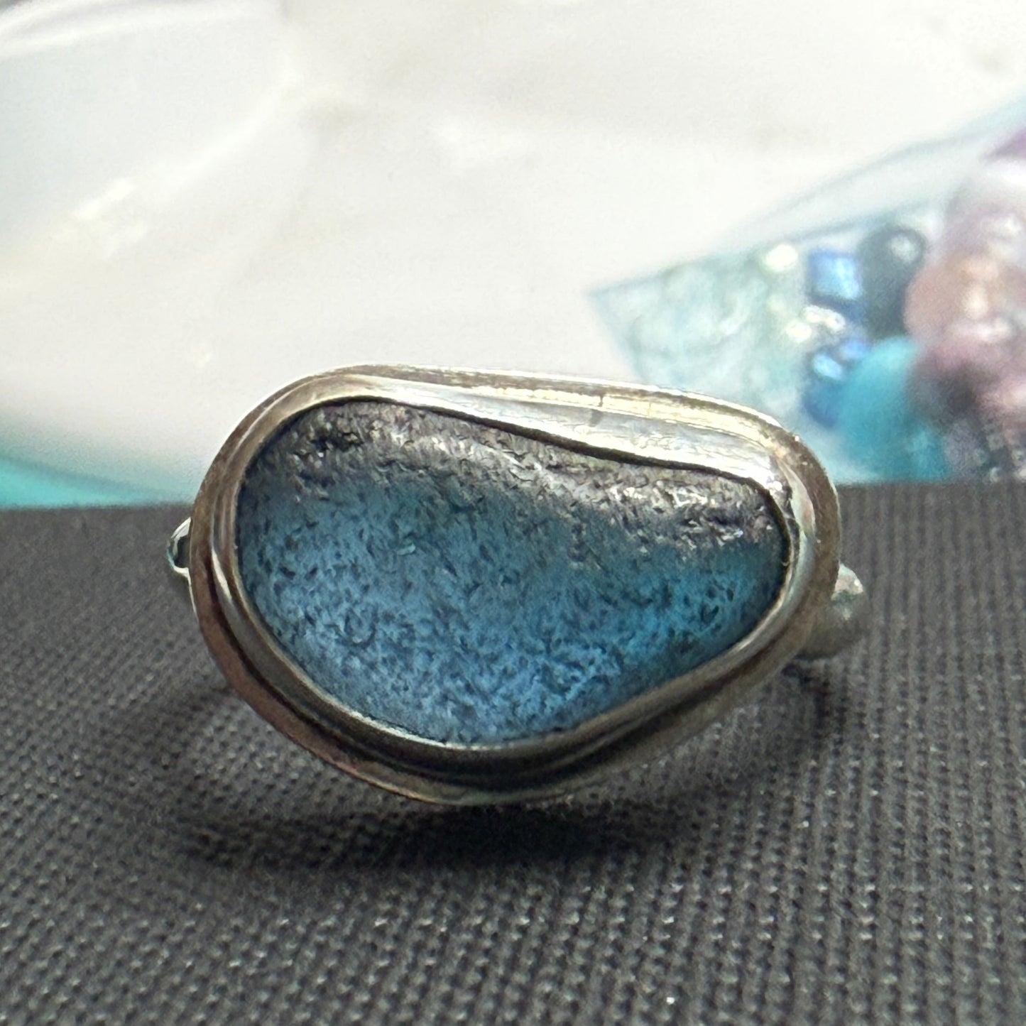 Ocean Blue: Organic Shaped Sea Glass Ring in Sterling Silver – Size 8