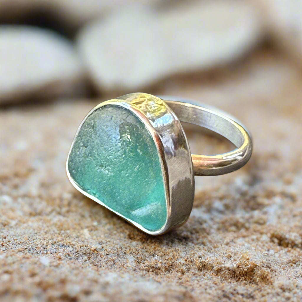 Teal Wave: Chunky Sea Glass Statement Ring – Size 7.5