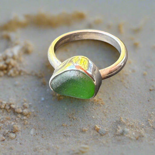 Seafoam Heart: Small Green Sea Glass Ring Size 7