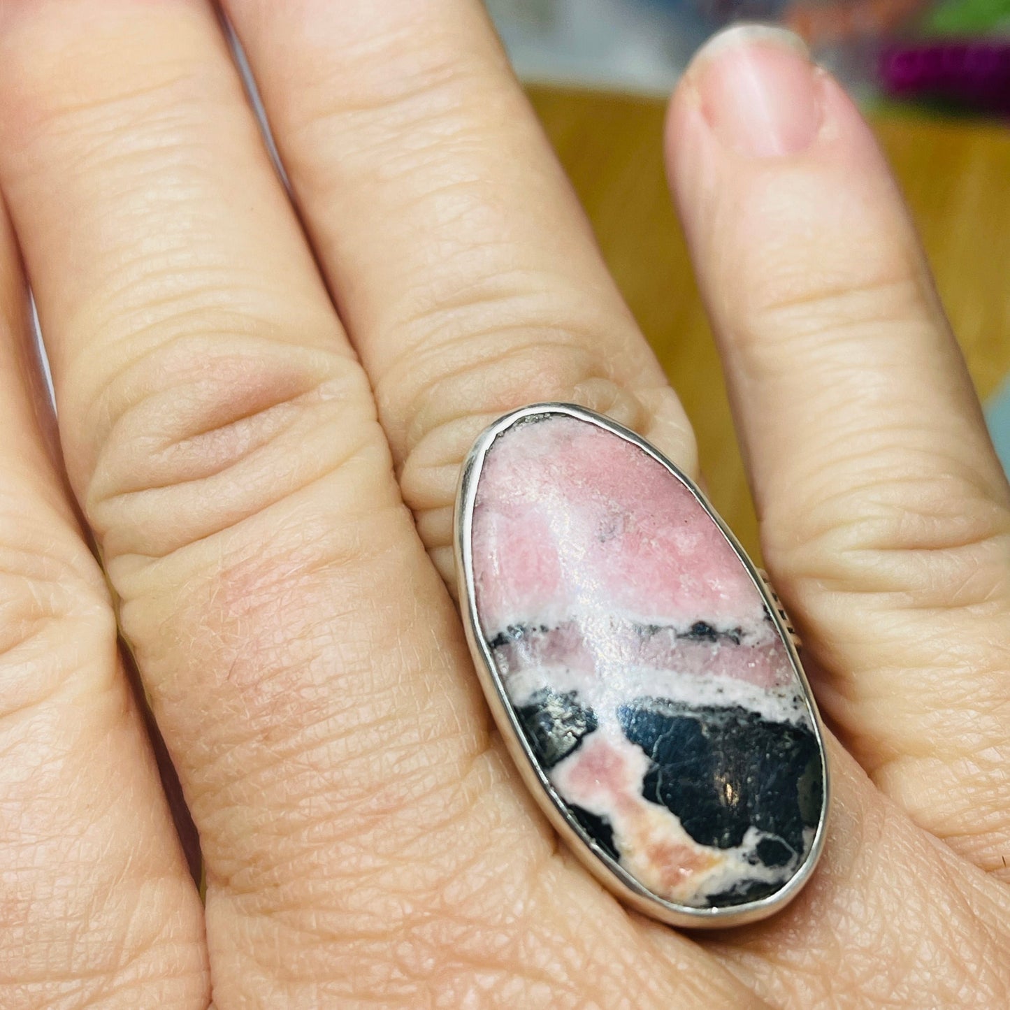 Pink Horizon: Large Oval Rhodochrosite Statement Ring Size 8.5