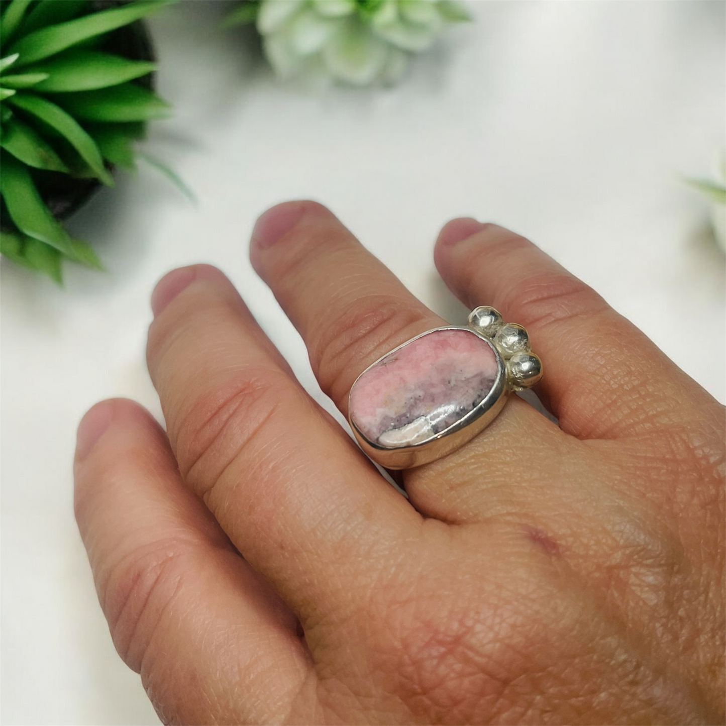 Blush Bloom: Pink Rhodochrosite Stone Ring – Size 7