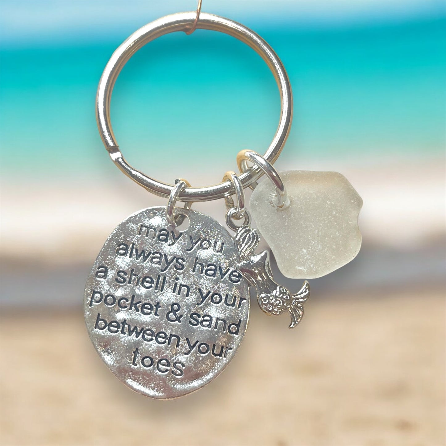 Sandy Toes Keyring: Sea Glass, Mermaid Charm & Beach-Inspired Message