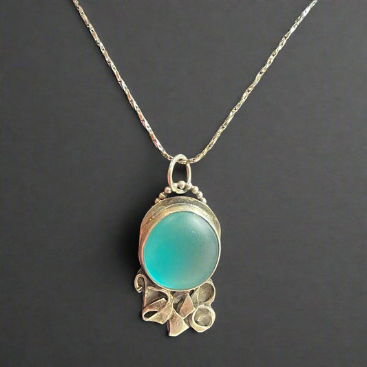 Freeform Waves: Turquoise Frosted Glass with Abstract Silver Detailing Pendant Necklace