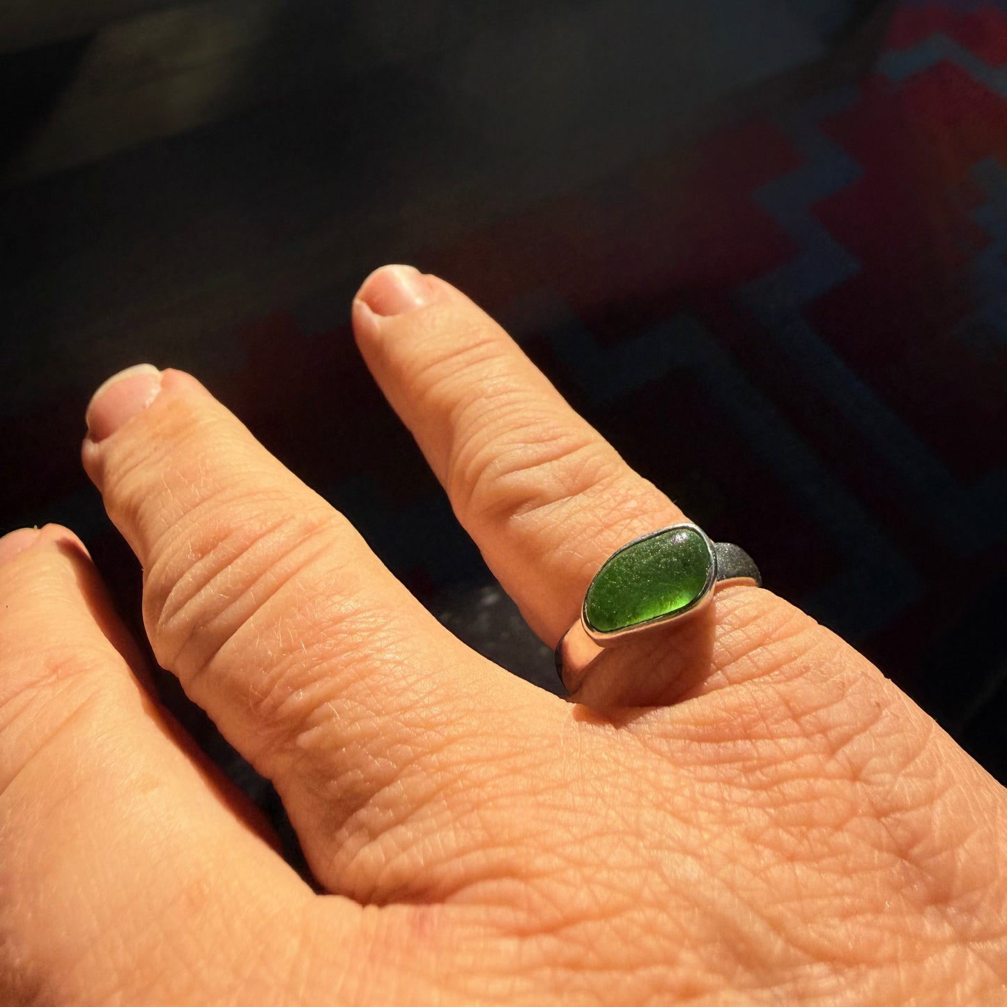 Sterling Silver Lime Green Sea Glass Ring – Size 6