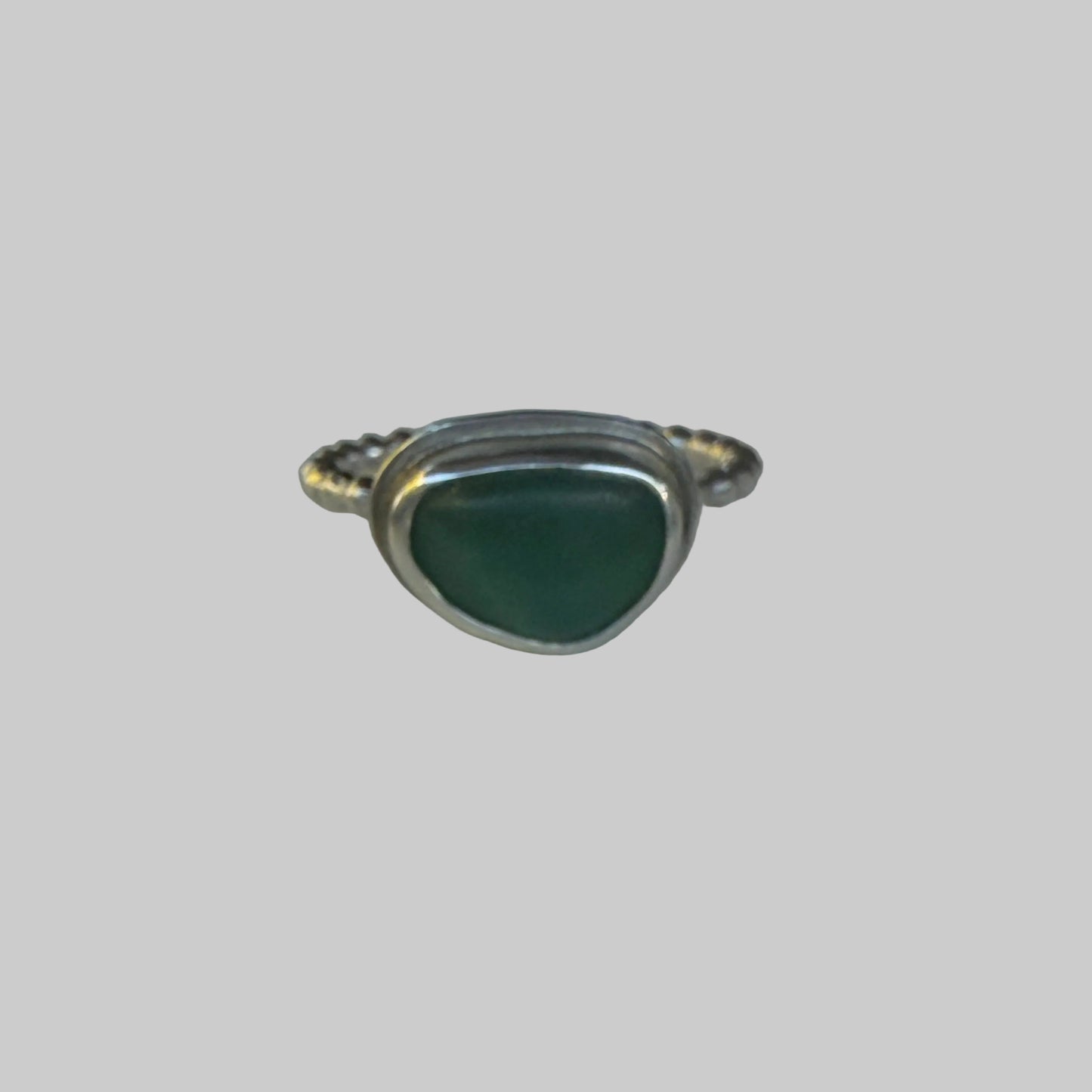 Deep Forest Green Sea Glass Ring – Sterling Silver Beaded Band – Size 7.5