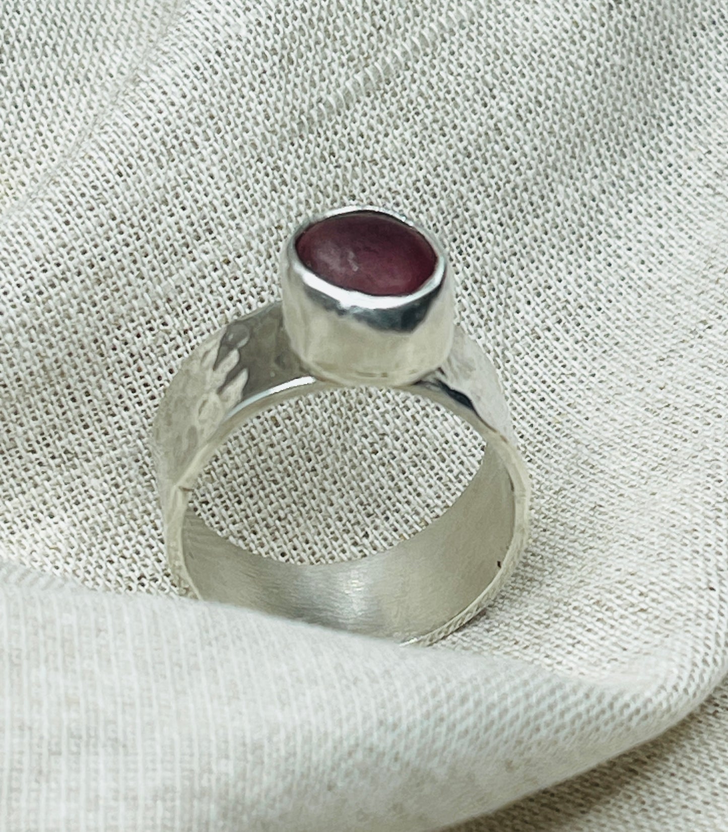 Scarlet Shore: Wide Hammered Sterling Silver & Red Sea Glass Ring – Size 10