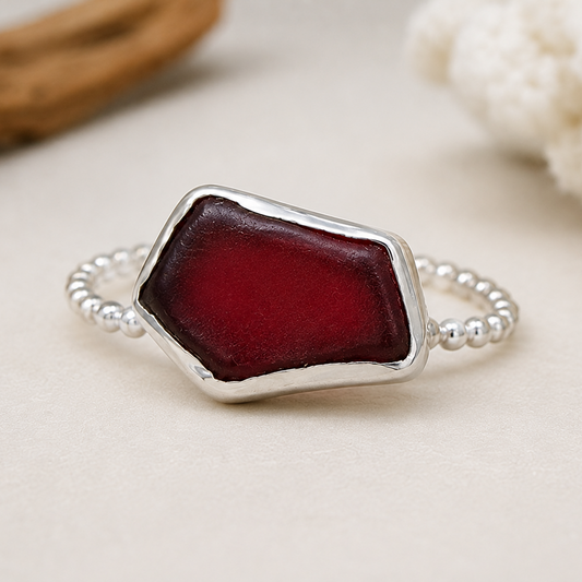 Burgundy Sea Glass Ring Sterling Silver Beaded Band Size 8