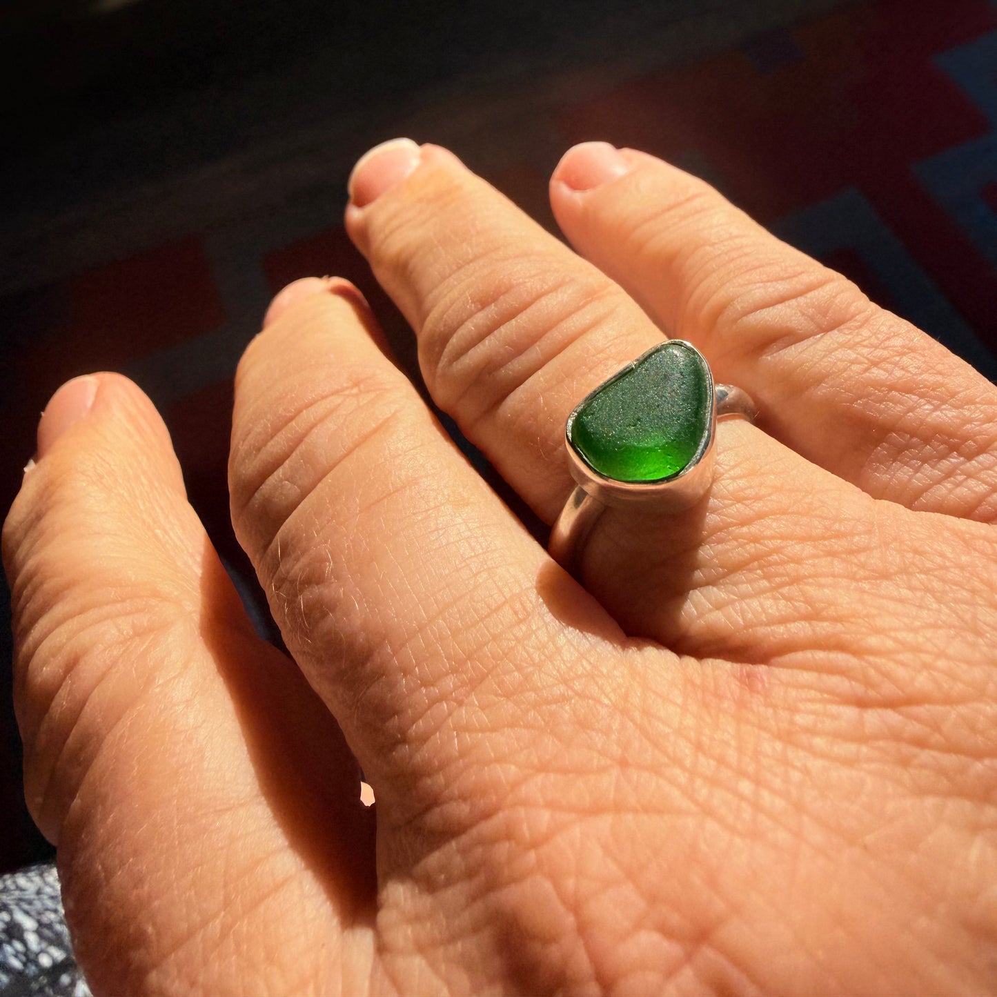 Deep Green Sea Glass Ring | Handmade Sterling Silver | Size 5.5
