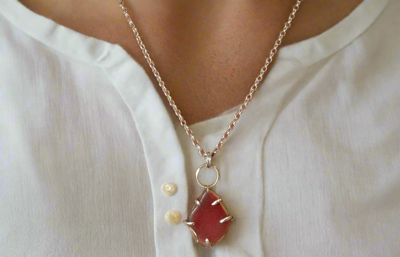 Crimson Tide Sea Glass Pendant Necklace