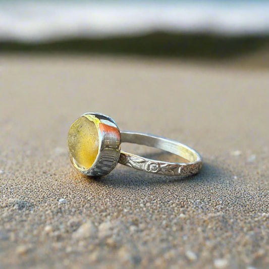 Golden Glow: Small Yellow Sea Glass Ring - Size 6