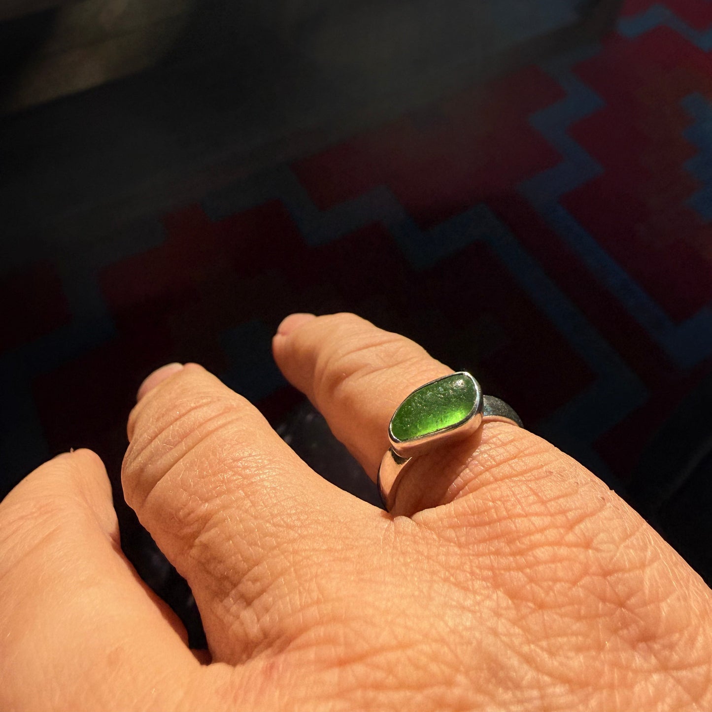 Sterling Silver Lime Green Sea Glass Ring – Size 6