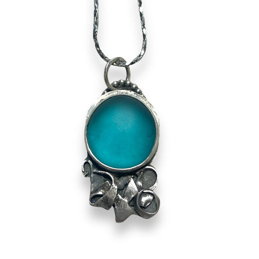 Freeform Waves: Turquoise Frosted Glass with Abstract Silver Detailing Pendant Necklace