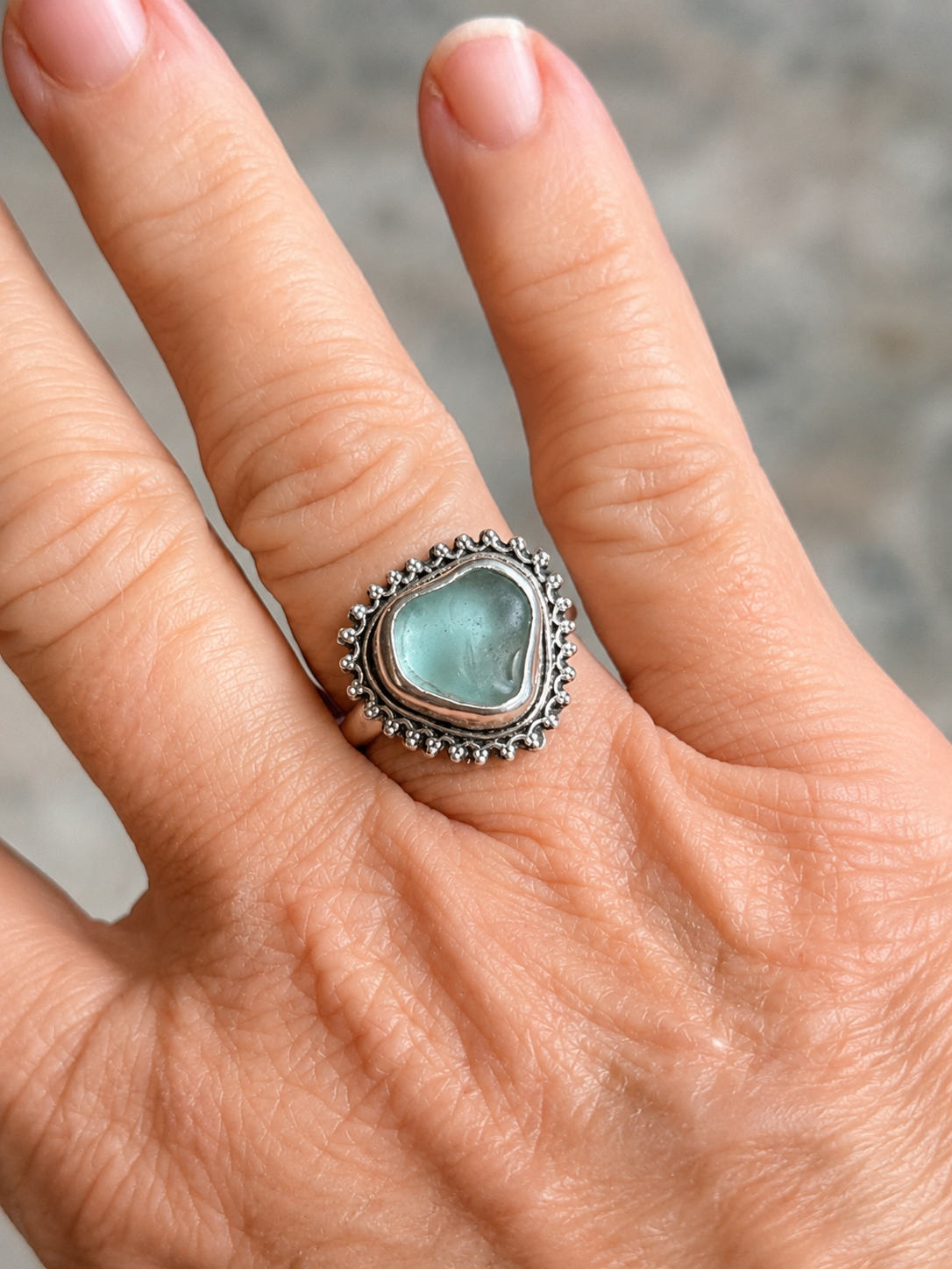 Soft Aqua Sea Glass Ring – Handmade Sterling Silver | Size 7.5