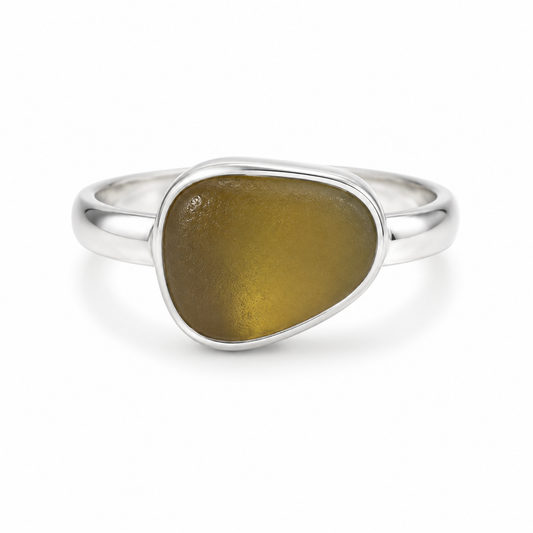 Honey Amber Sea Glass Ring – Sterling Silver Delicate Band – Size 6