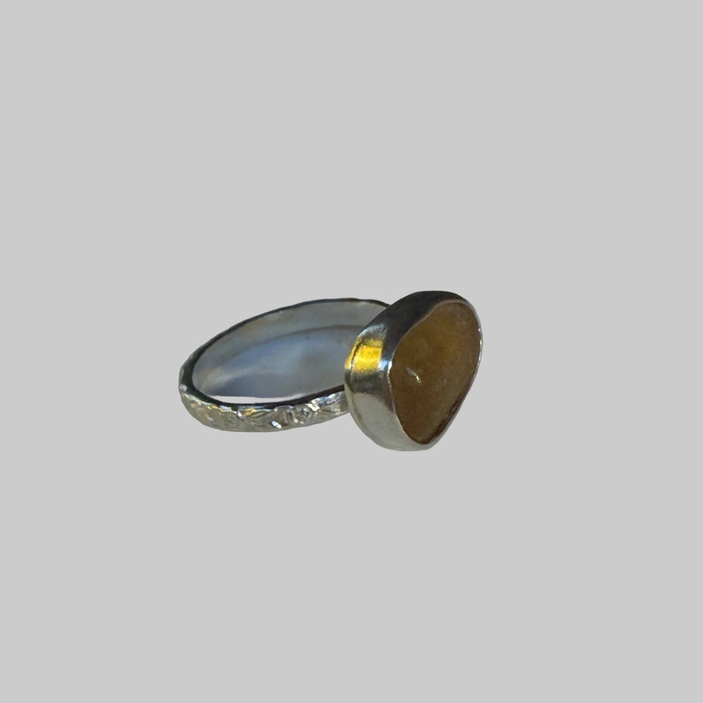 Honey Amber Sea Glass Ring – Sterling Silver Delicate Band – Size 6