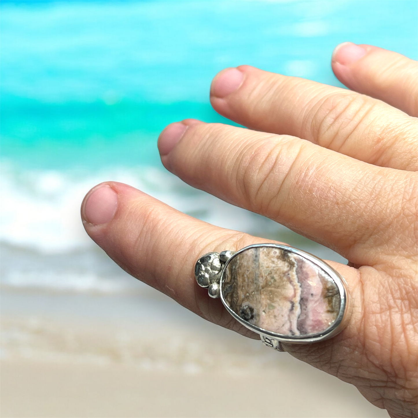 Rose Dawn: Large Oval Rhodochrosite Ring – Size 9