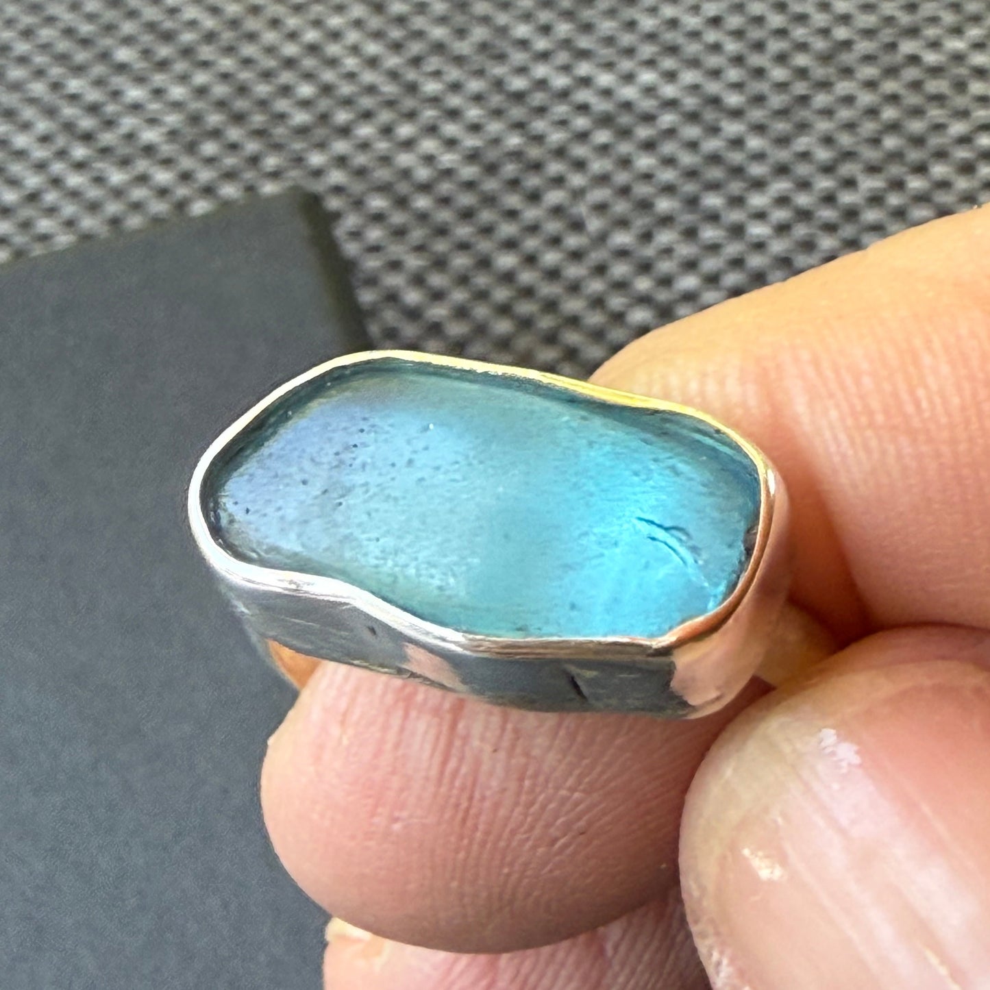 Azure Tide: Handmade Blue Sea Glass Ring - Large Size 10