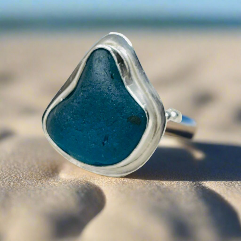 Ocean Depths: Large Deep Turquoise Sea Glass Ring Wrapped in Sterling Silver (Size 7)