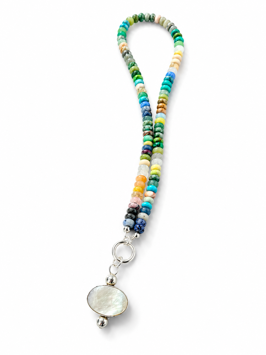 Rainbow Gemstone Bead Necklace with Mother-of-Pearl Pendant | Sterling Silver | 50 cm