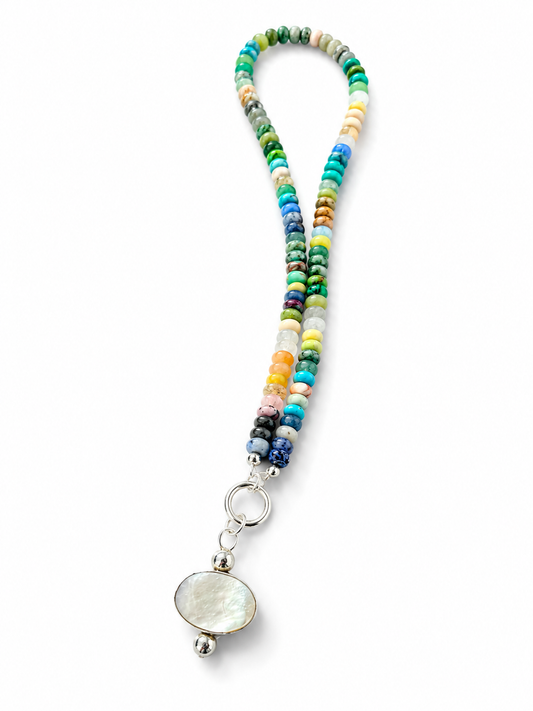 Rainbow Gemstone Bead Necklace with Mother-of-Pearl Pendant | Sterling Silver | 50 cm