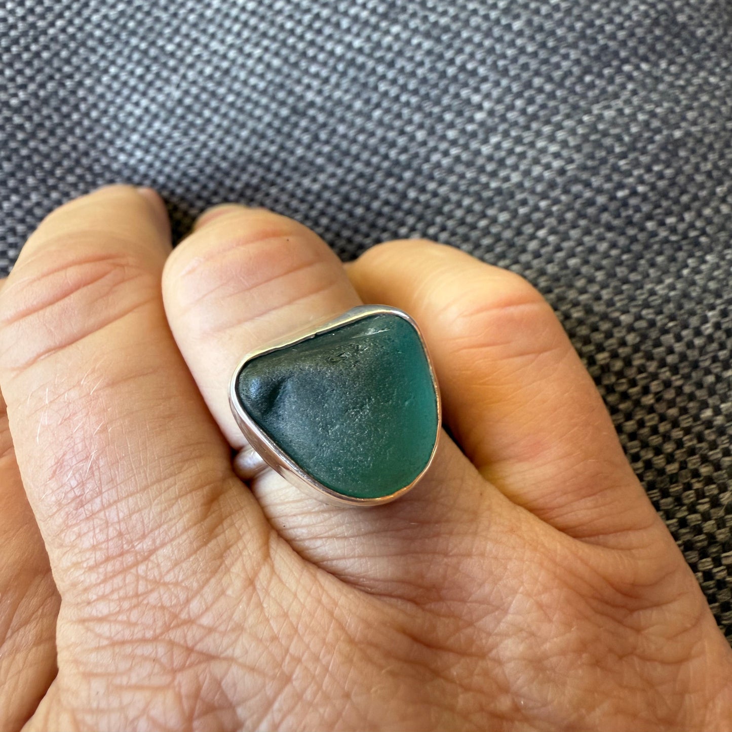 Teal Wave: Chunky Sea Glass Statement Ring – Size 7.5